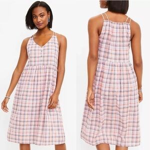 New Loft Plaid Strappy Button Front Midi Dress- Whisper White Plaid Size 14